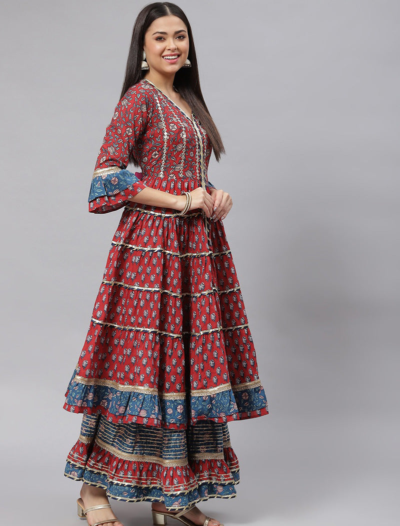 Maroon Floral Printed Anarkali Kurta with Sharara & Dupatta Kurta Sets For Women