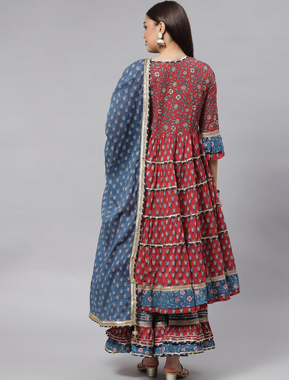 Ethnic Maroon & Blue Anarkali Kurta Sharara Set with Dupatta