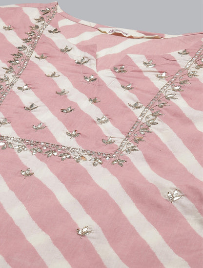 Ethnic Light Pink Leheriya Cotton Kurta Pant Set With Organza Dupatta