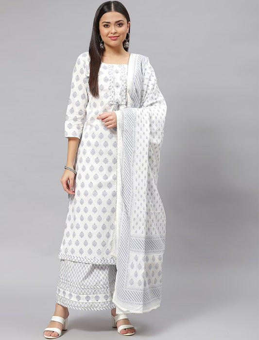 White Ethnic Motifs Printed Pure Cotton Kurta with Palazzos & Dupatta Kurta Sets For Women