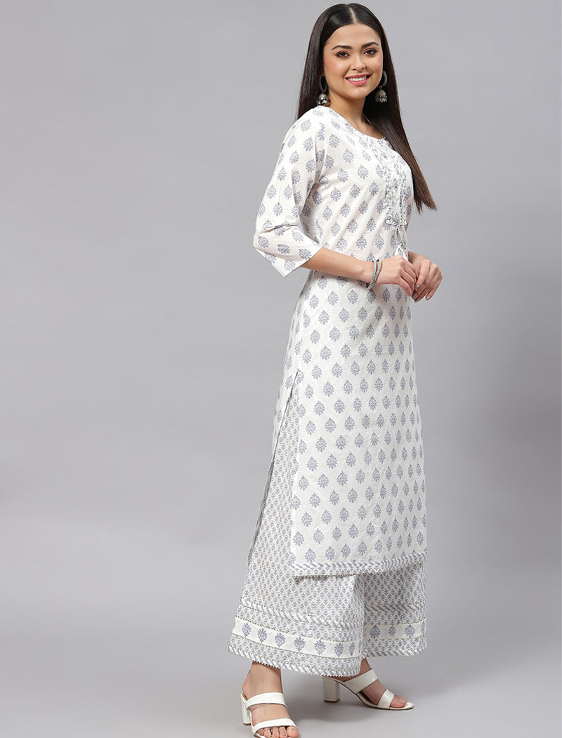 White Ethnic Motifs Printed Pure Cotton Kurta with Palazzos & Dupatta Kurta Sets For Women