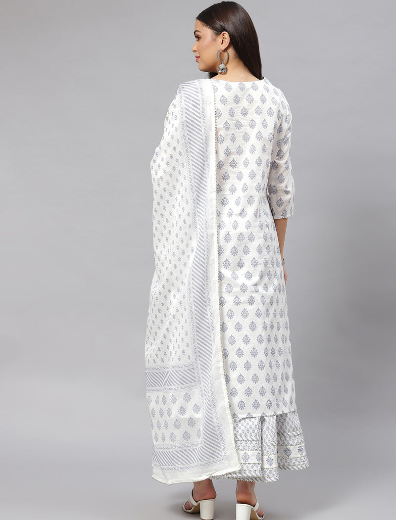 White Ethnic Motifs Printed Pure Cotton Kurta with Palazzos & Dupatta Kurta Sets For Women