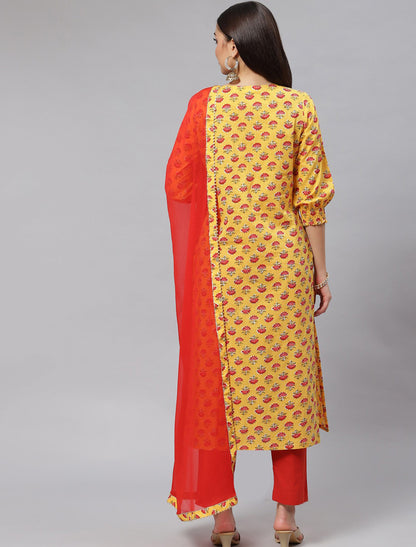 Yellow Ethnic Floral Cotton Kurta Pant Set with Dupatta