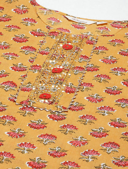 Yellow Ethnic Floral Cotton Kurta Pant Set with Dupatta