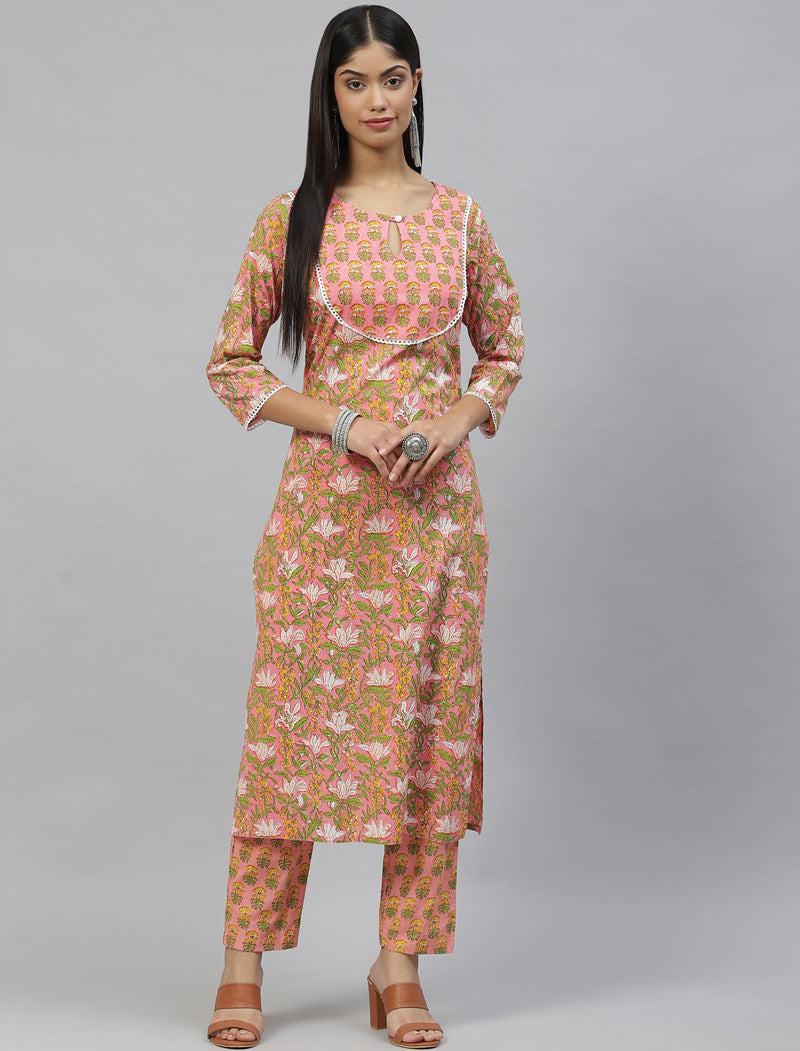 Peach Floral Printed Sequinned Pure Cotton Kurta with Trousers Kurta Sets For Women