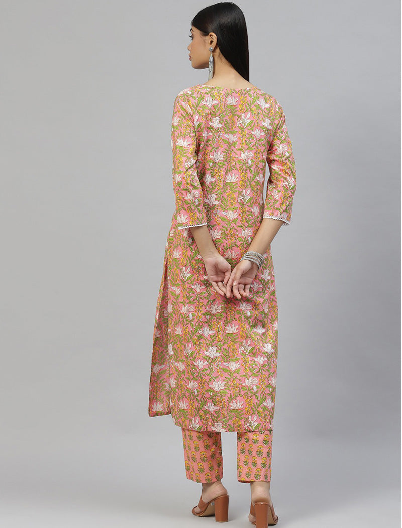 Peach Floral Printed Sequinned Pure Cotton Kurta with Trousers Kurta Sets For Women