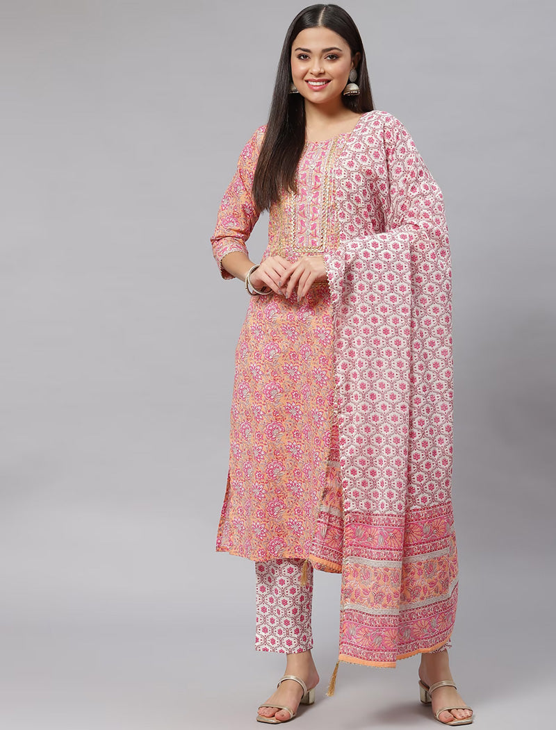 Pink Floral Printed Pure Cotton Kurta with Trousers & Dupatta Kurta Sets For Women