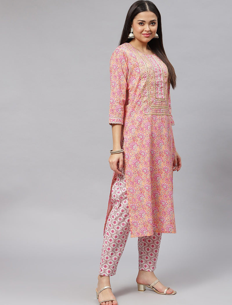 Pink Floral Printed Pure Cotton Kurta with Trousers & Dupatta Kurta Sets For Women