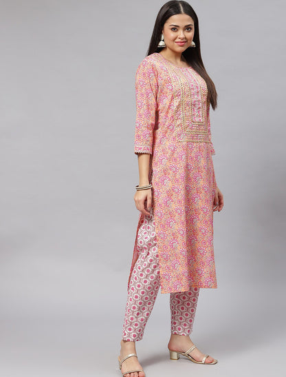 Pink Floral  Ethnic Pure Cotton Kurta Sets with Trousers & Dupatta