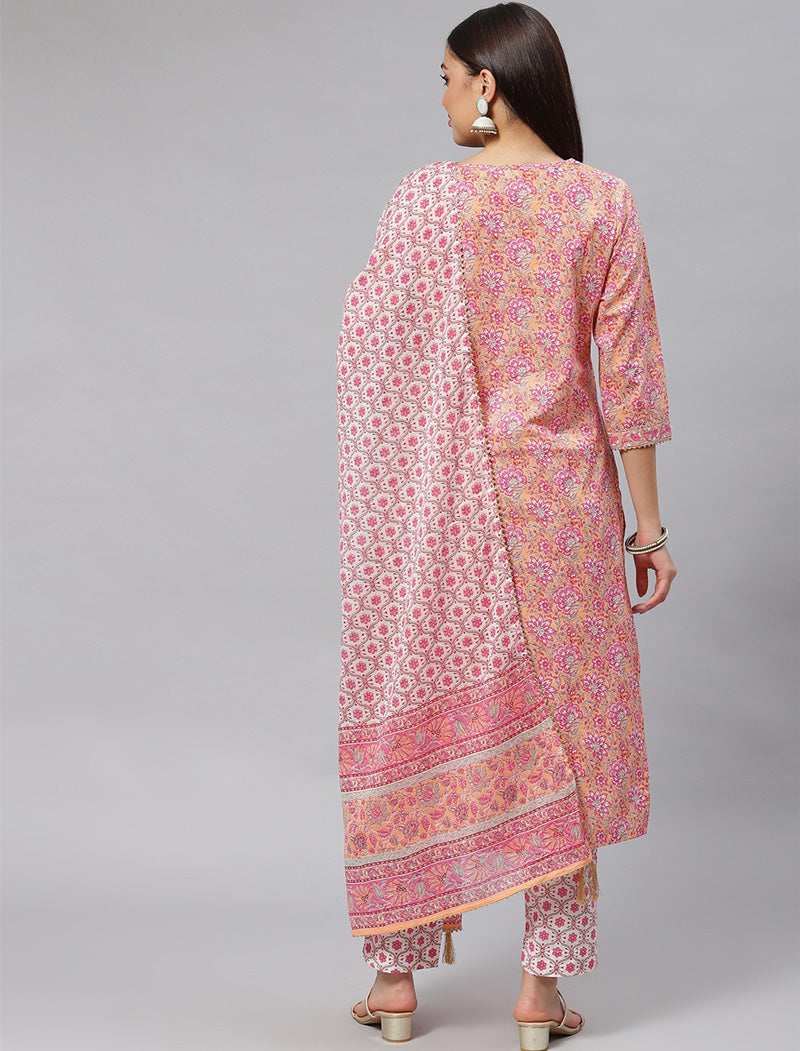 Pink Floral Printed Pure Cotton Kurta with Trousers & Dupatta Kurta Sets For Women