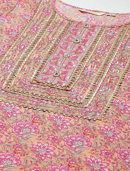 Pink Floral  Ethnic Pure Cotton Kurta Sets with Trousers & Dupatta