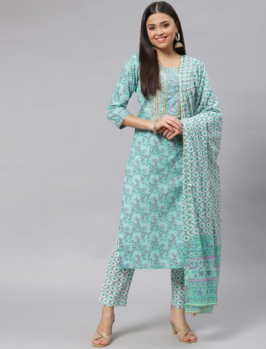 Sea Green Floral Printed Pure Cotton Kurta with Trousers & Dupatta Kurta Sets For Women