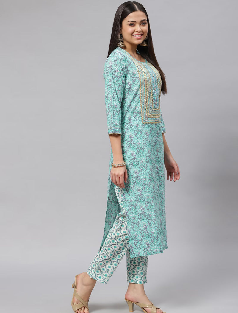 Sea Green Floral Printed Pure Cotton Kurta with Trousers & Dupatta Kurta Sets For Women