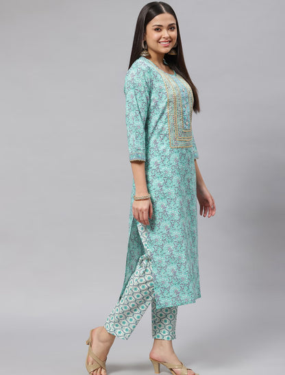 Sea Green Ethnic Pure Cotton Kurta Pant Sets