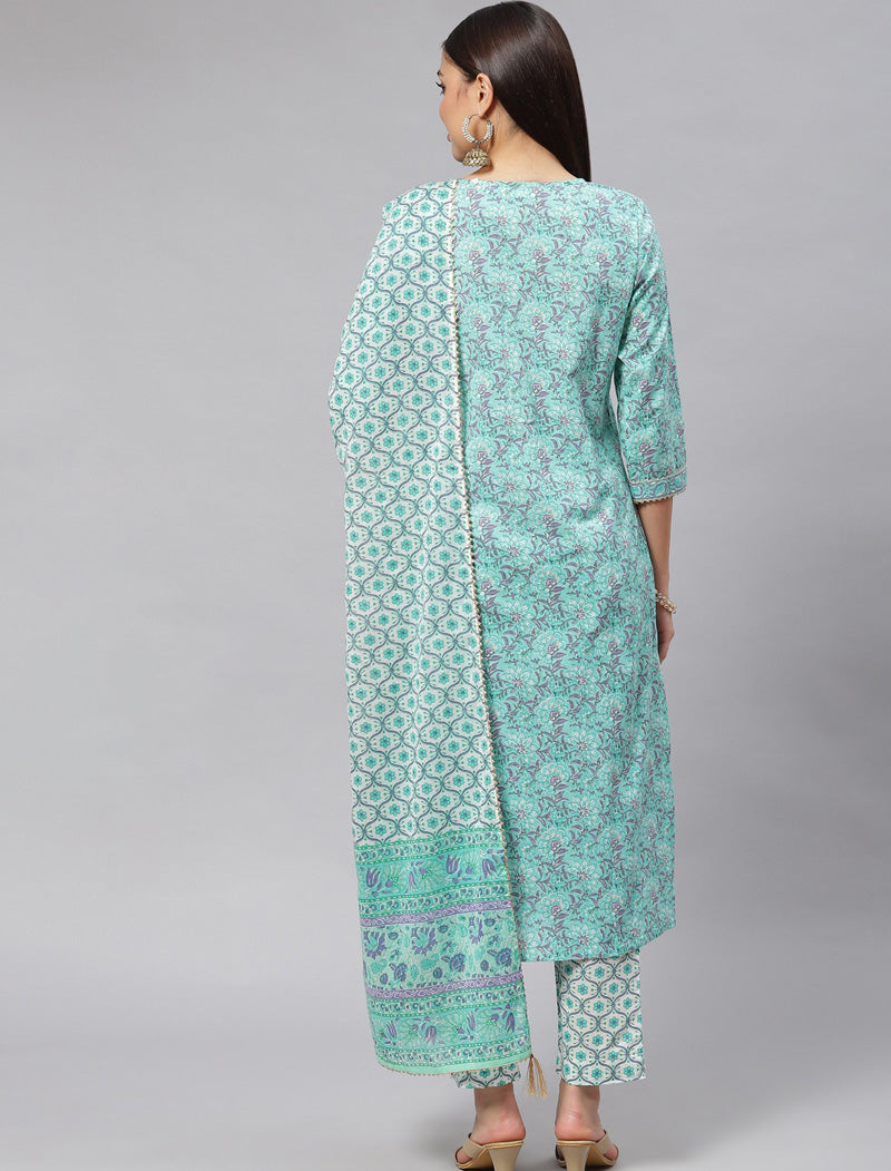 Sea Green Floral Printed Pure Cotton Kurta with Trousers & Dupatta Kurta Sets For Women