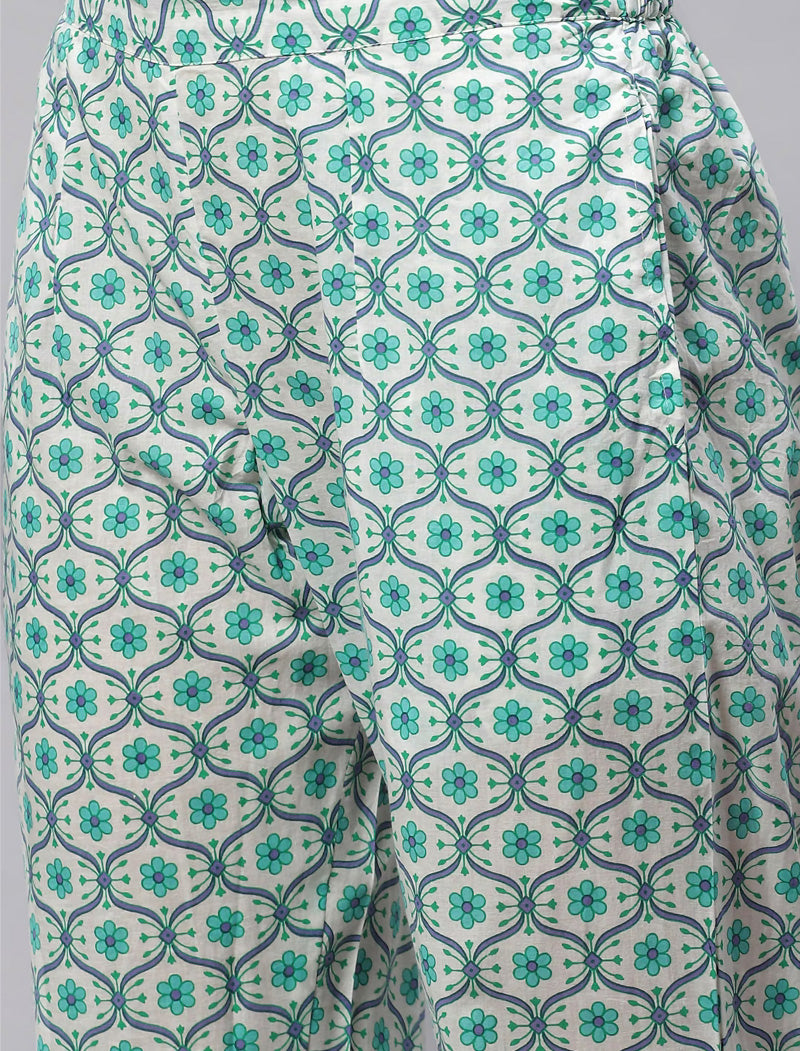 Sea Green Floral Printed Pure Cotton Kurta with Trousers & Dupatta Kurta Sets For Women