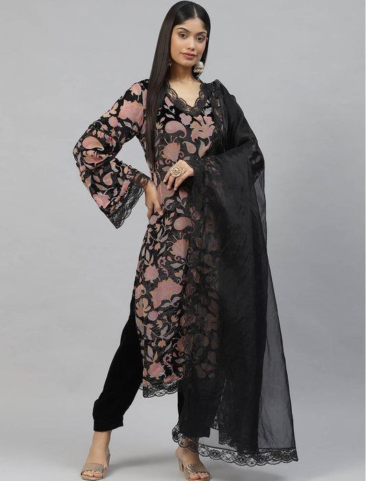 Black Floral Printed Velvet Kurta with Harem Pant & Dupatta Kurta Sets For Women