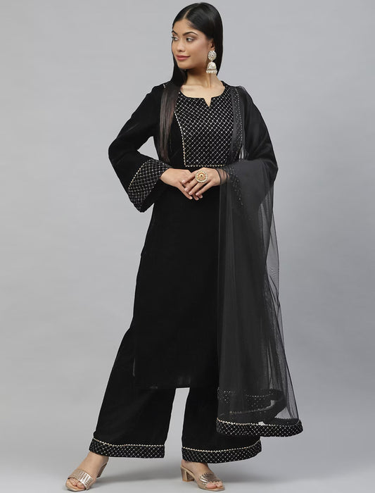 Black Yoke Design Velvet Kurta with Palazzos & With Dupatta Kurta Sets For Women