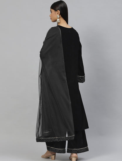 Ethnic Women Black Yoke Design Velvet Kurta Pant with Dupatta