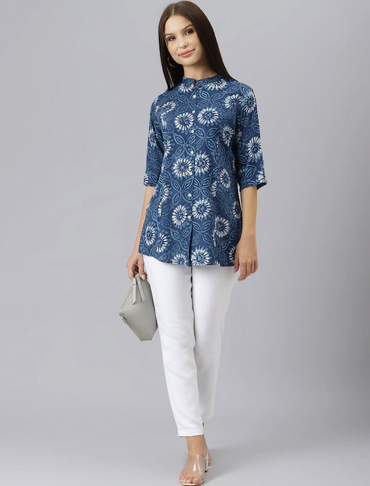 Blue Floral Print Mandarin Collar Roll-Up Sleeves Shirt Style Divena Top For Women