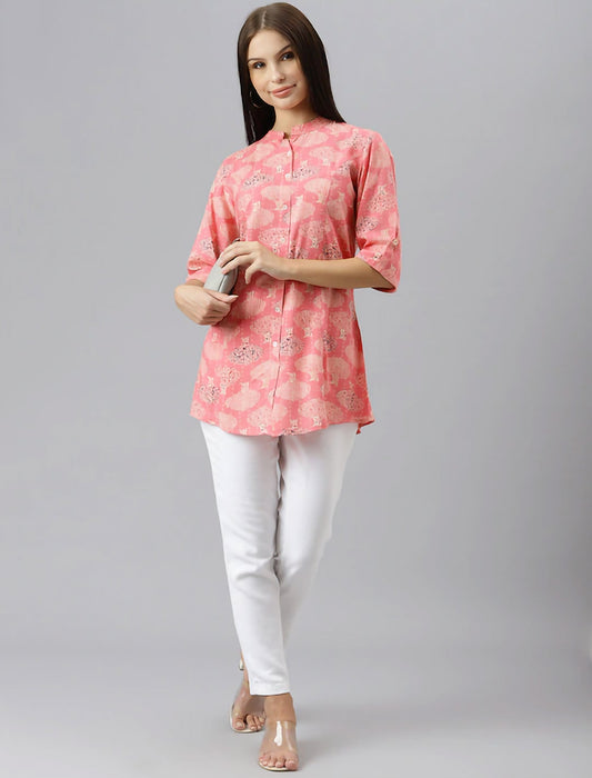 Peach-Coloured & Beige Printed Mandarin Collar Roll-Up Sleeves Shirt Style Divena Top For Women
