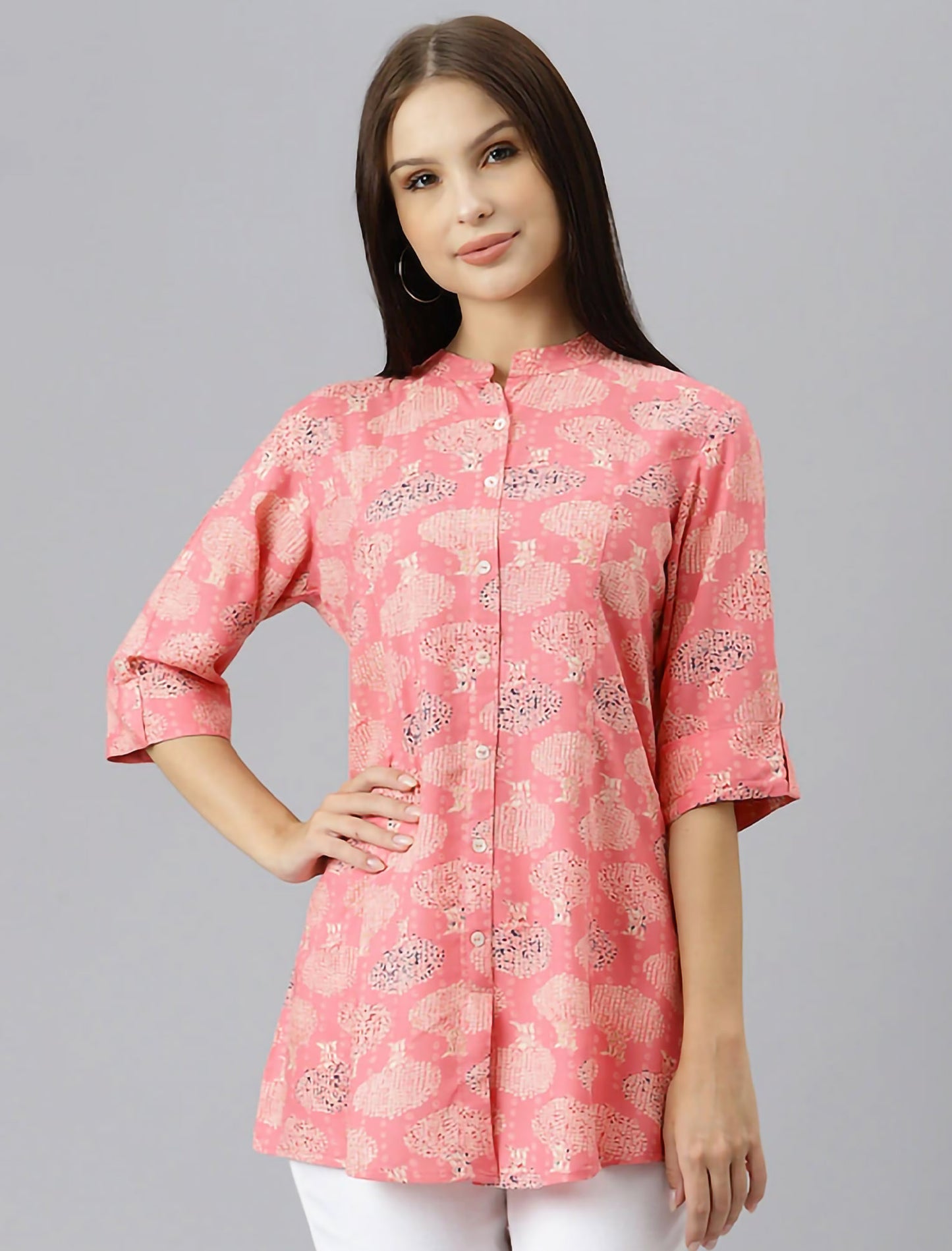 Peach-Coloured & Beige Printed Mandarin Collar Roll-Up Sleeves Shirt Style Divena Top For Women