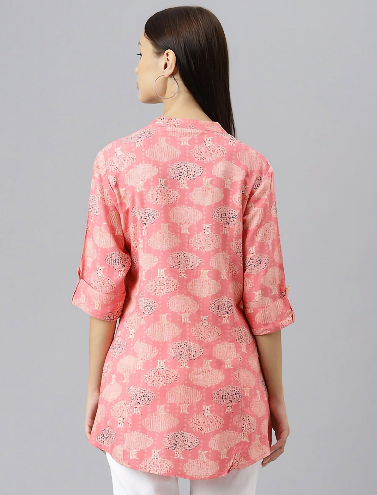 Peach-Coloured & Beige Printed Mandarin Collar Roll-Up Sleeves Shirt Style Divena Top For Women