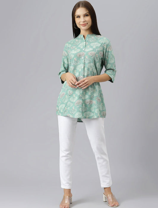 Sea Green Floral Print Mandarin Collar Roll-Up Sleeves Shirt Style Divena Top For Women