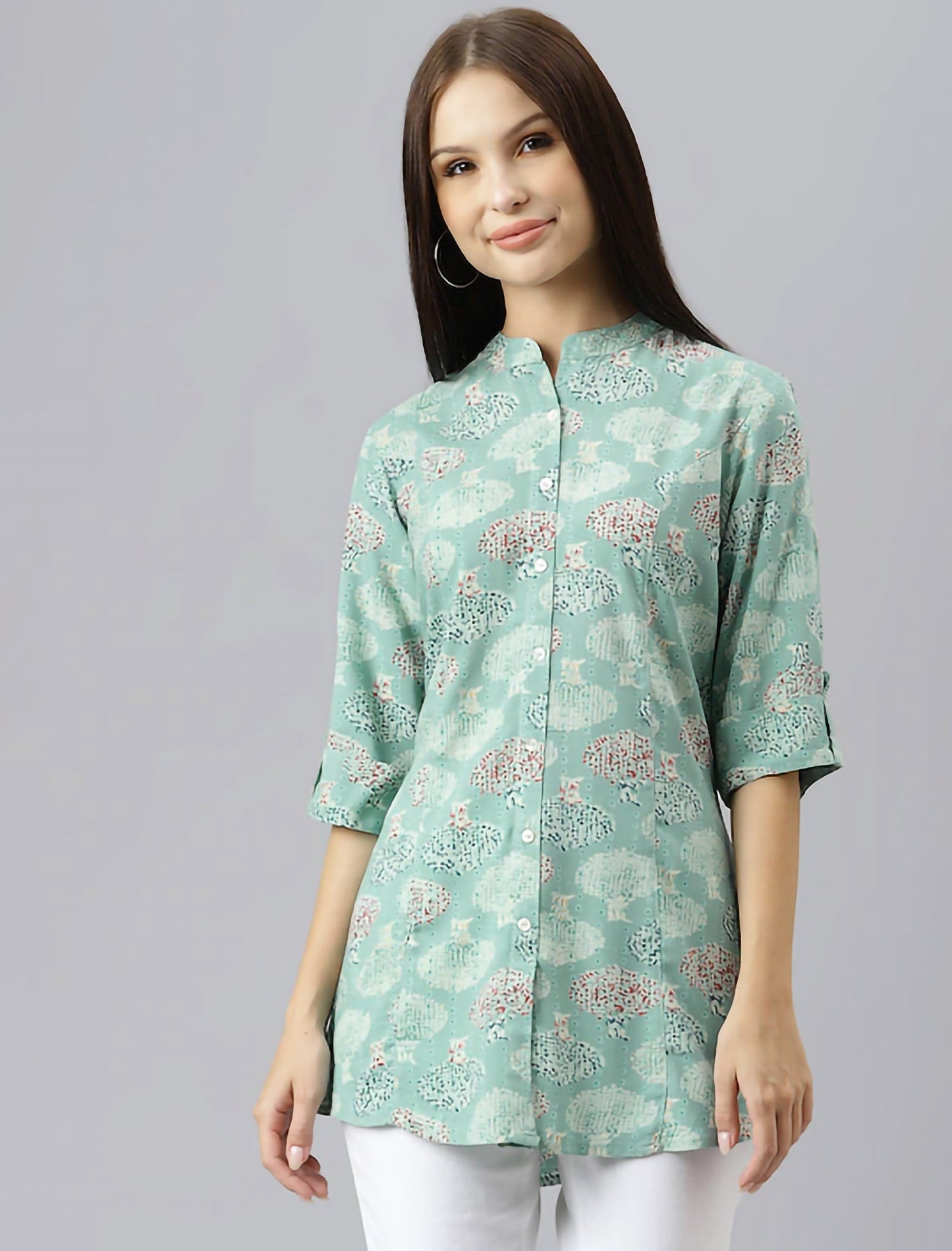 Sea Green Floral Print Mandarin Collar Roll-Up Sleeves Shirt Style Divena Top For Women