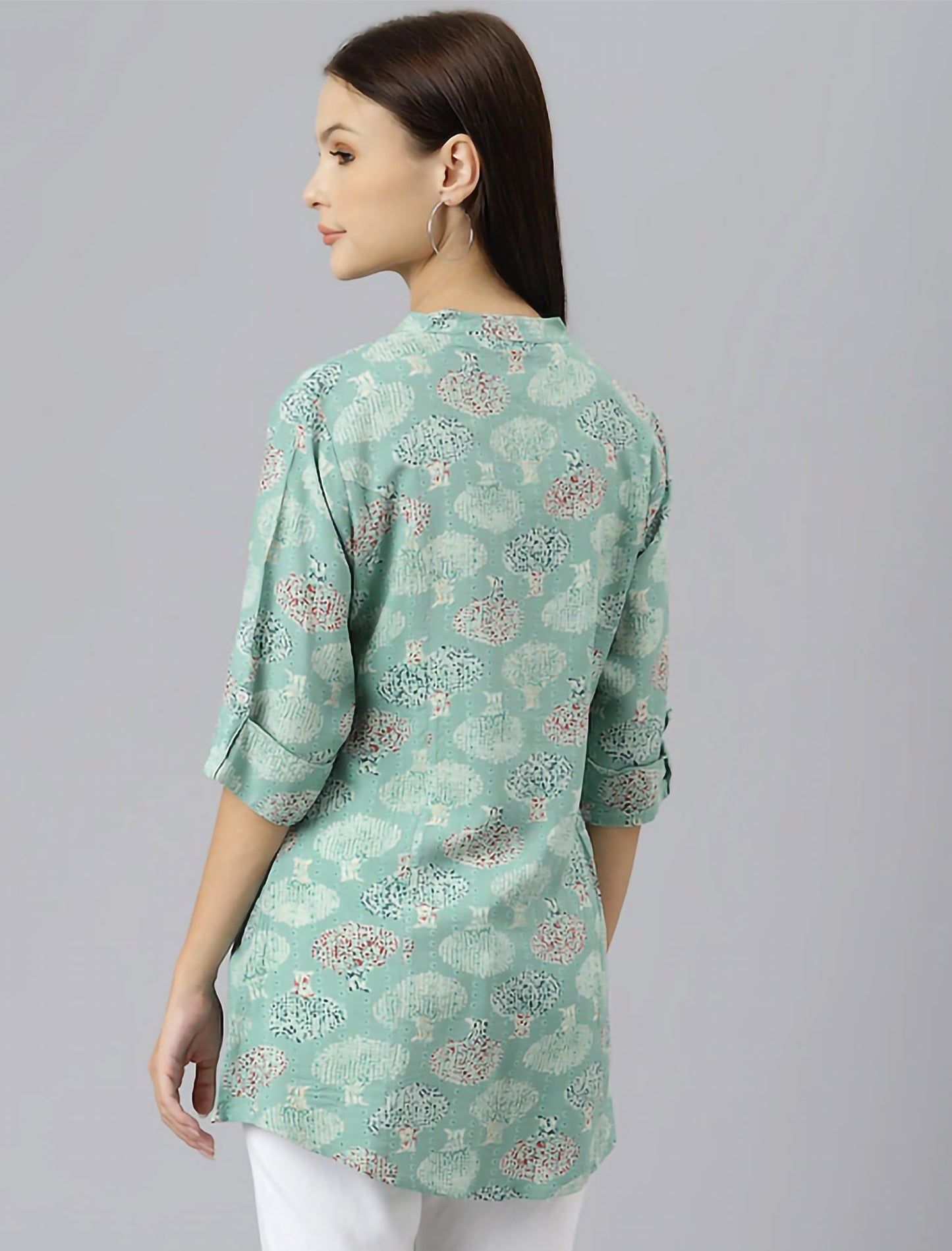 Sea Green Floral Print Mandarin Collar Roll-Up Sleeves Shirt Style Divena Top For Women