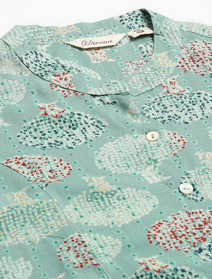 Sea Green Floral Print Mandarin Collar Top For Women