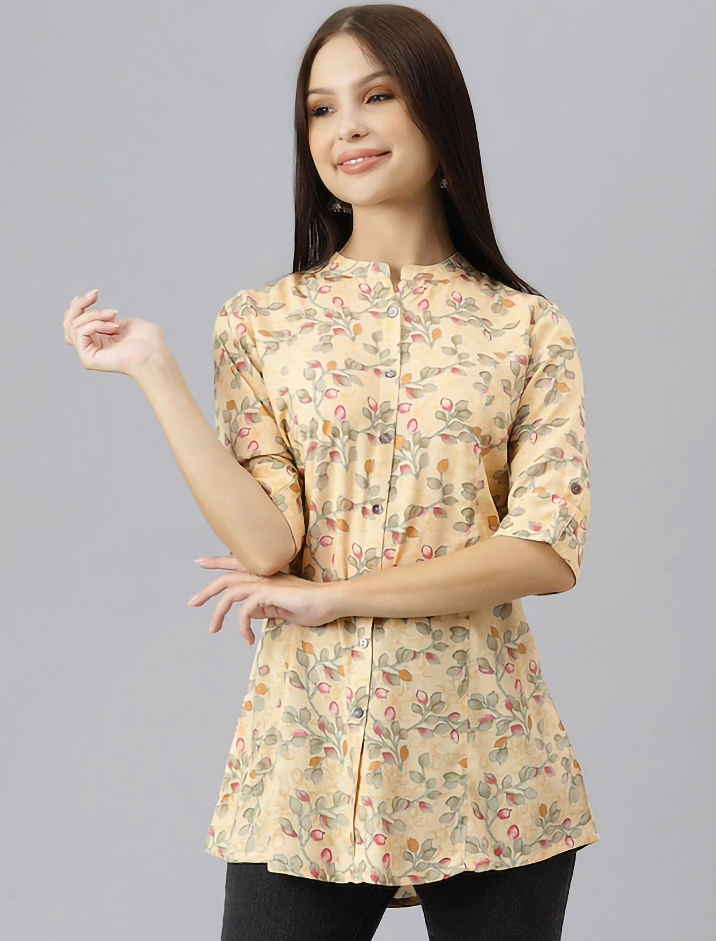 Beige Floral Print Mandarin Collar Roll-Up Sleeves Shirt Style Divena Top For Women