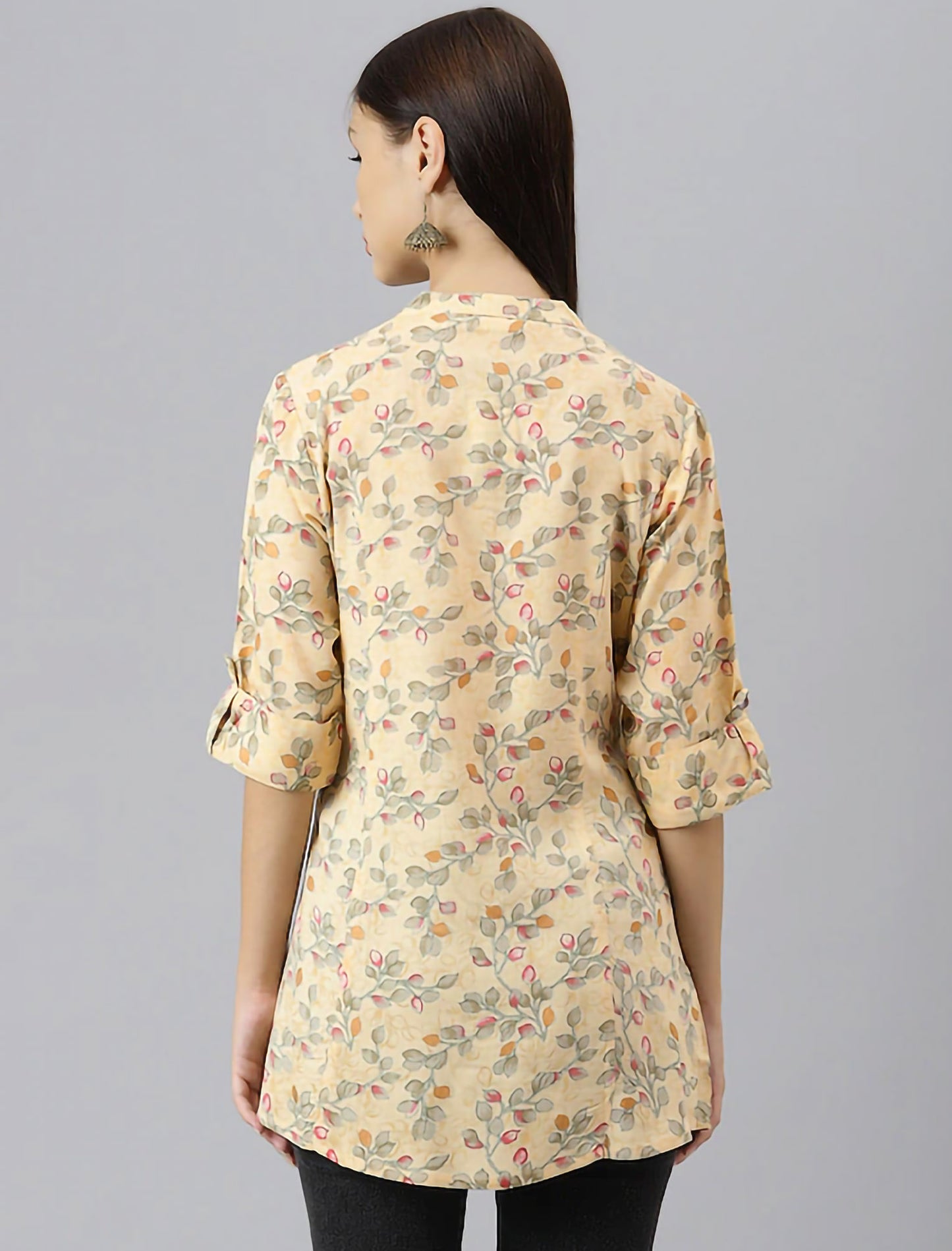 Beige Floral Print Mandarin Collar Roll-Up Sleeves Shirt Style Divena Top For Women