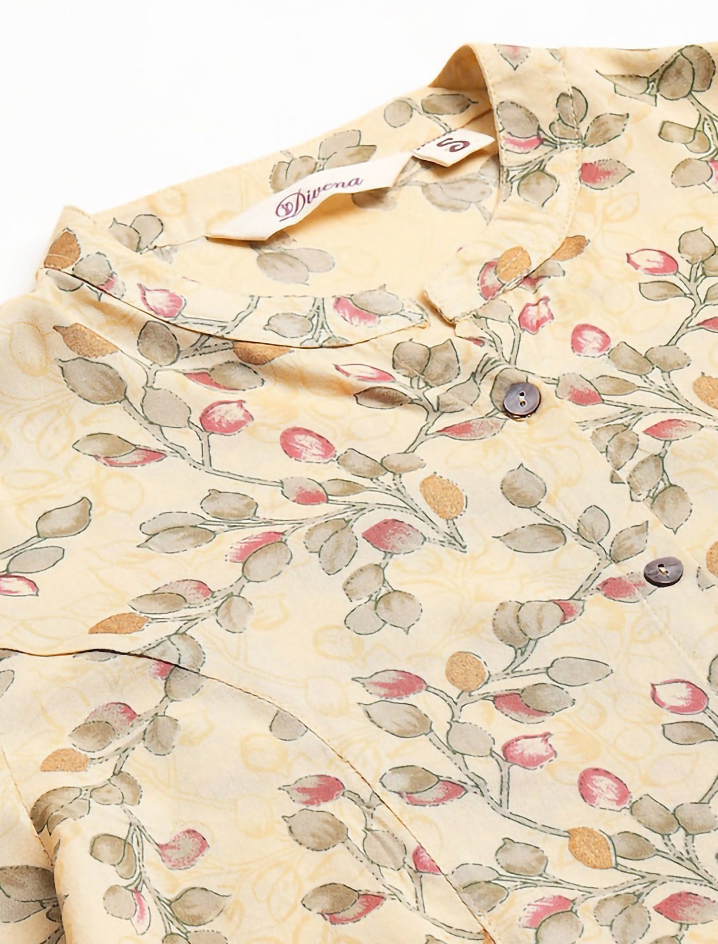 Beige Floral Print Mandarin Collar Roll-Up Sleeves Shirt Style Divena Top For Women