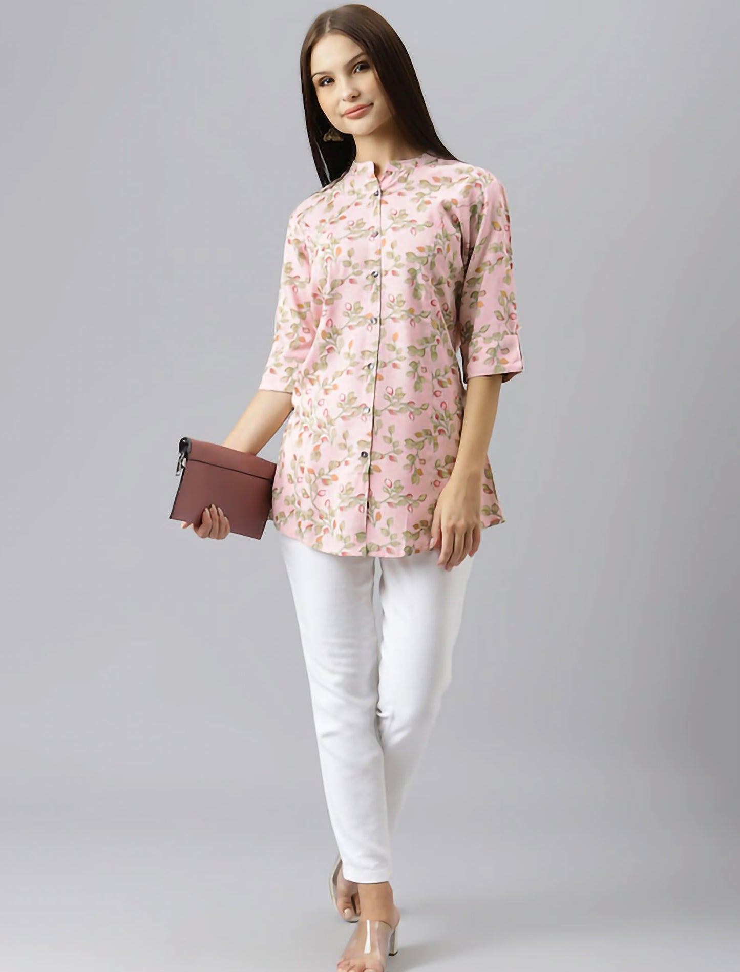 Pink Floral Print Mandarin Collar Roll-Up Sleeves Shirt Style Divena Top For Women