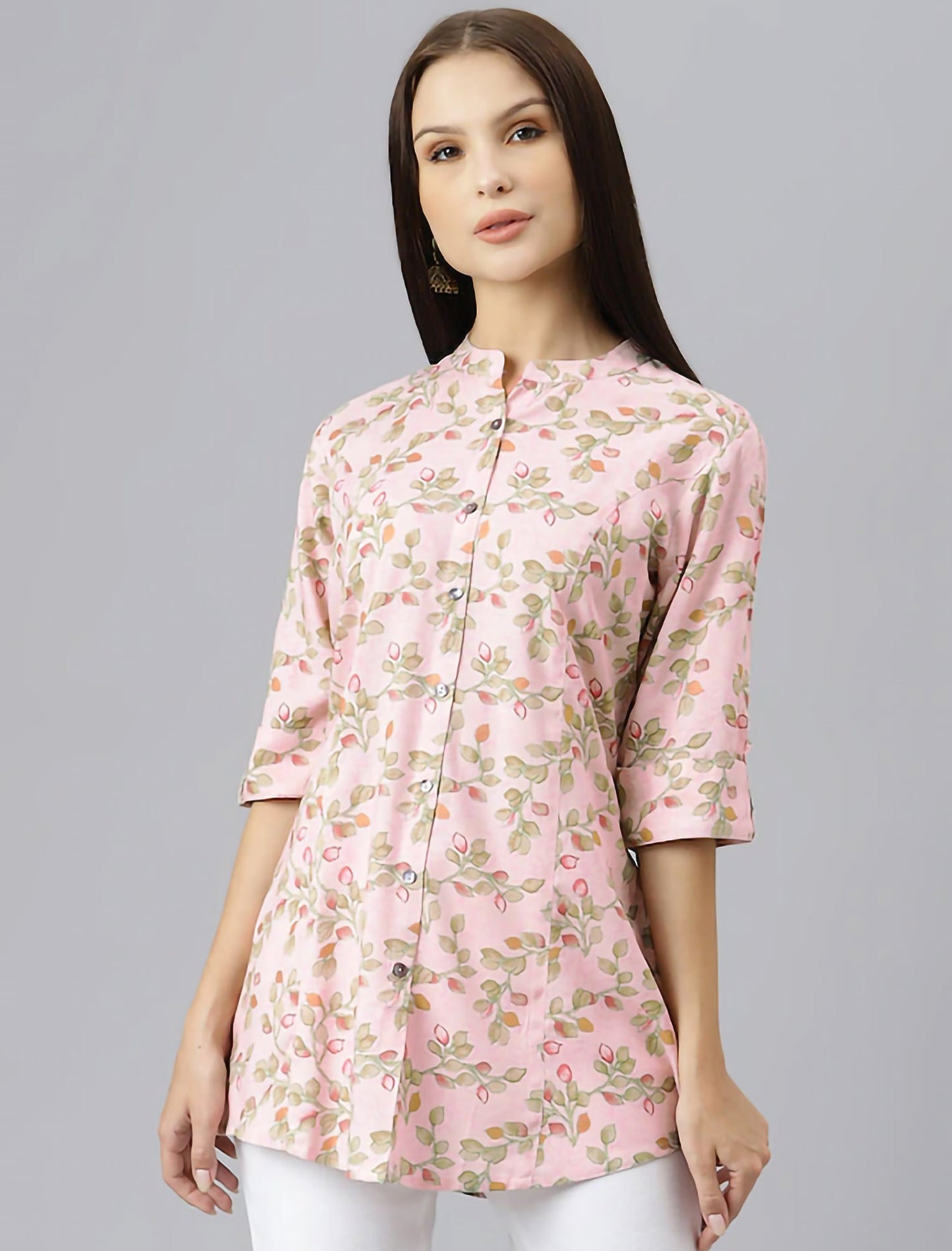 Pink Floral Print Mandarin Collar Roll-Up Sleeves Shirt Style Divena Top For Women