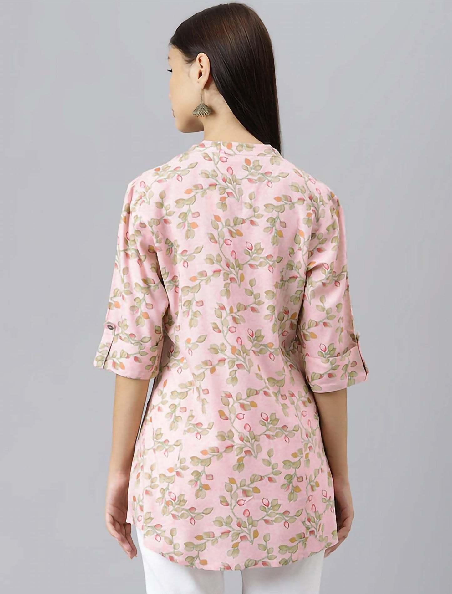 Pink Floral Print Mandarin Collar Roll-Up Sleeves Shirt Style Divena Top For Women