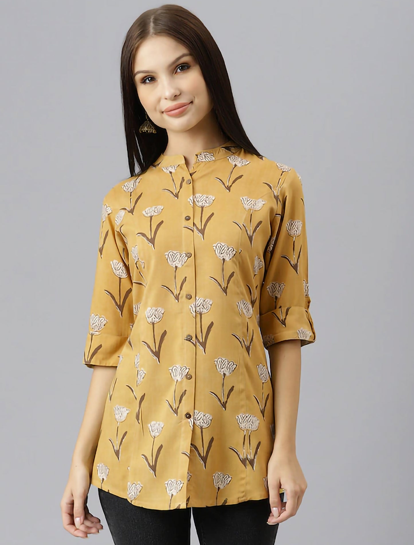 Mustard Yellow Floral Print Mandarin Collar Roll-Up Sleeves Shirt Style Divena Top For Women