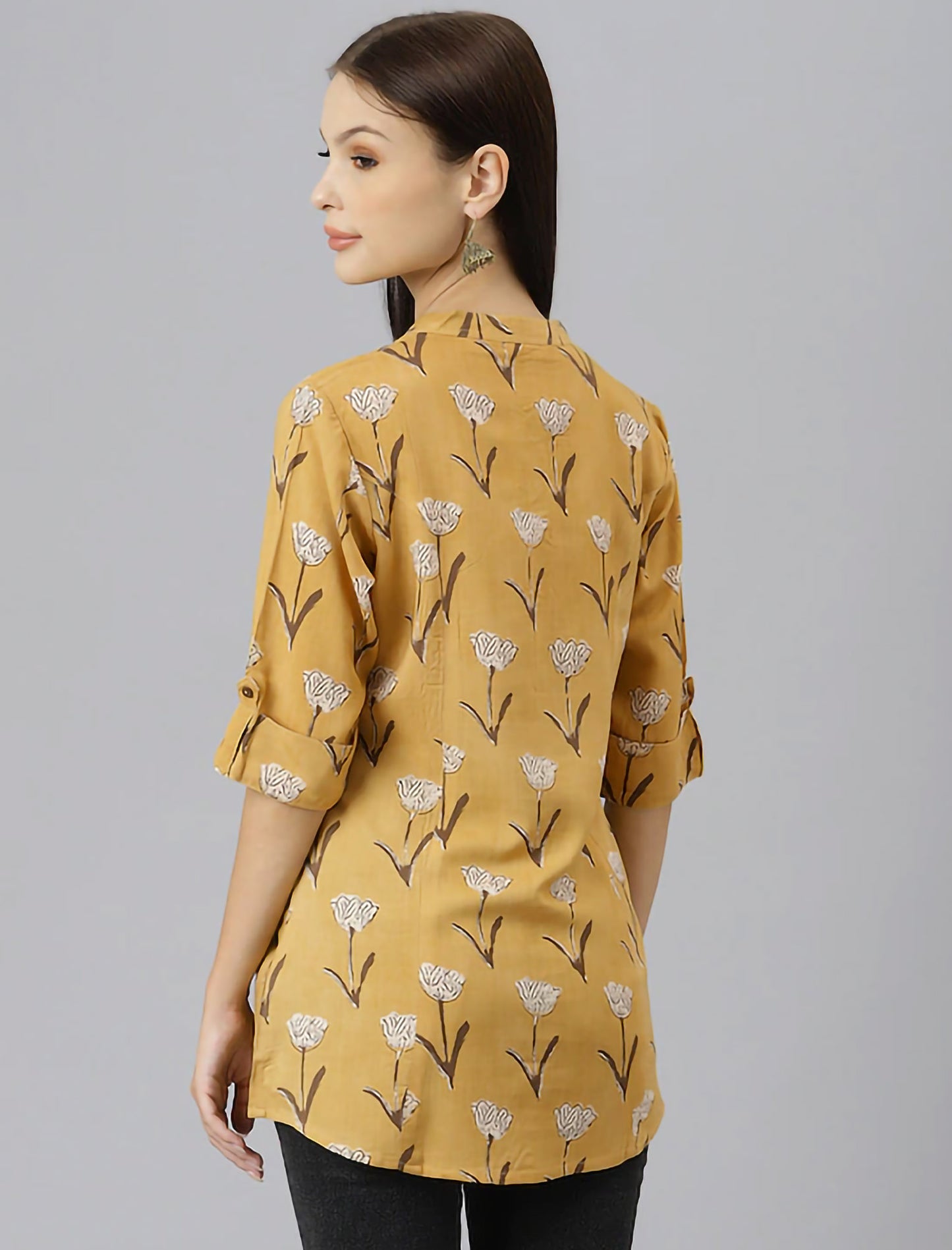 Mustard Yellow Floral Print Mandarin Collar Roll-Up Sleeves Shirt Style Divena Top For Women