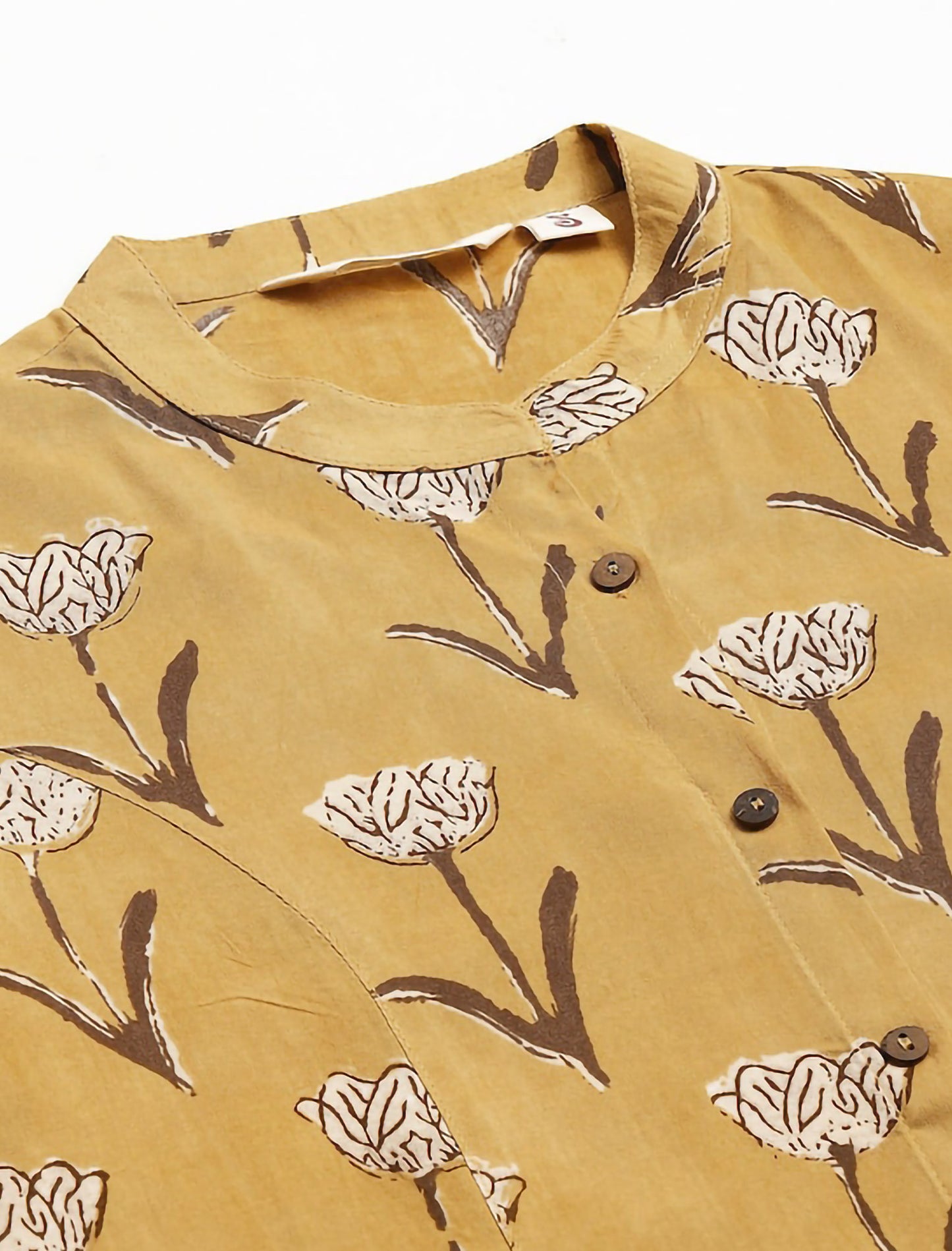 Mustard Yellow Floral Print Mandarin Collar Roll-Up Sleeves Shirt Style Divena Top For Women