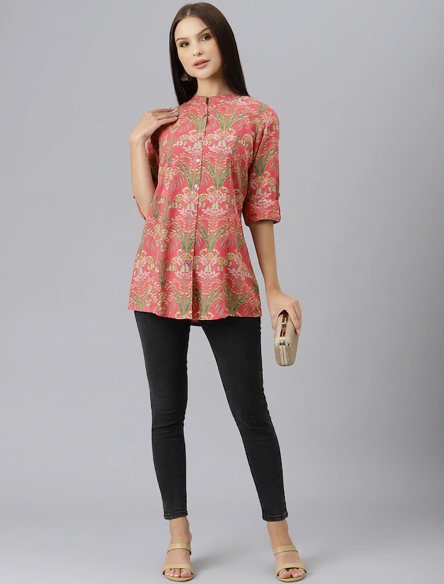 Pink & Green Floral Print Mandarin Collar Roll-Up Sleeves Shirt Style Divena Top For Women