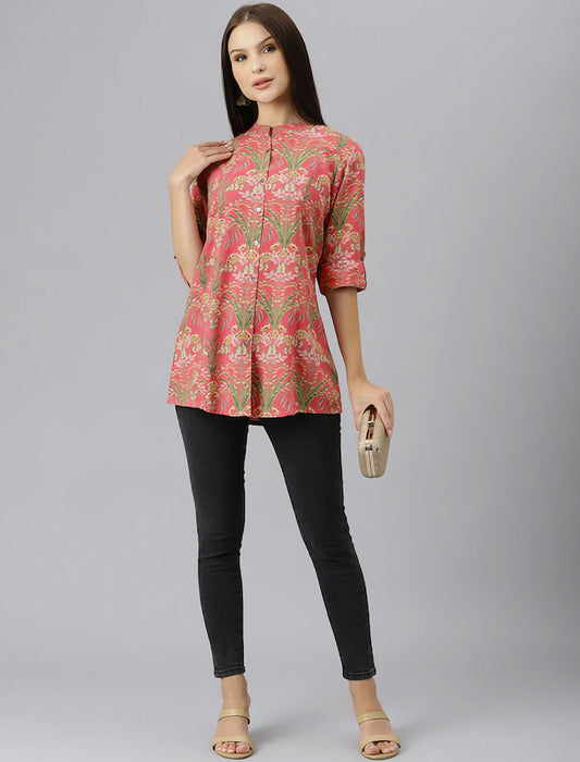 Pink & Green Floral Print Mandarin Collar Roll-Up Sleeves Shirt Style Divena Top For Women