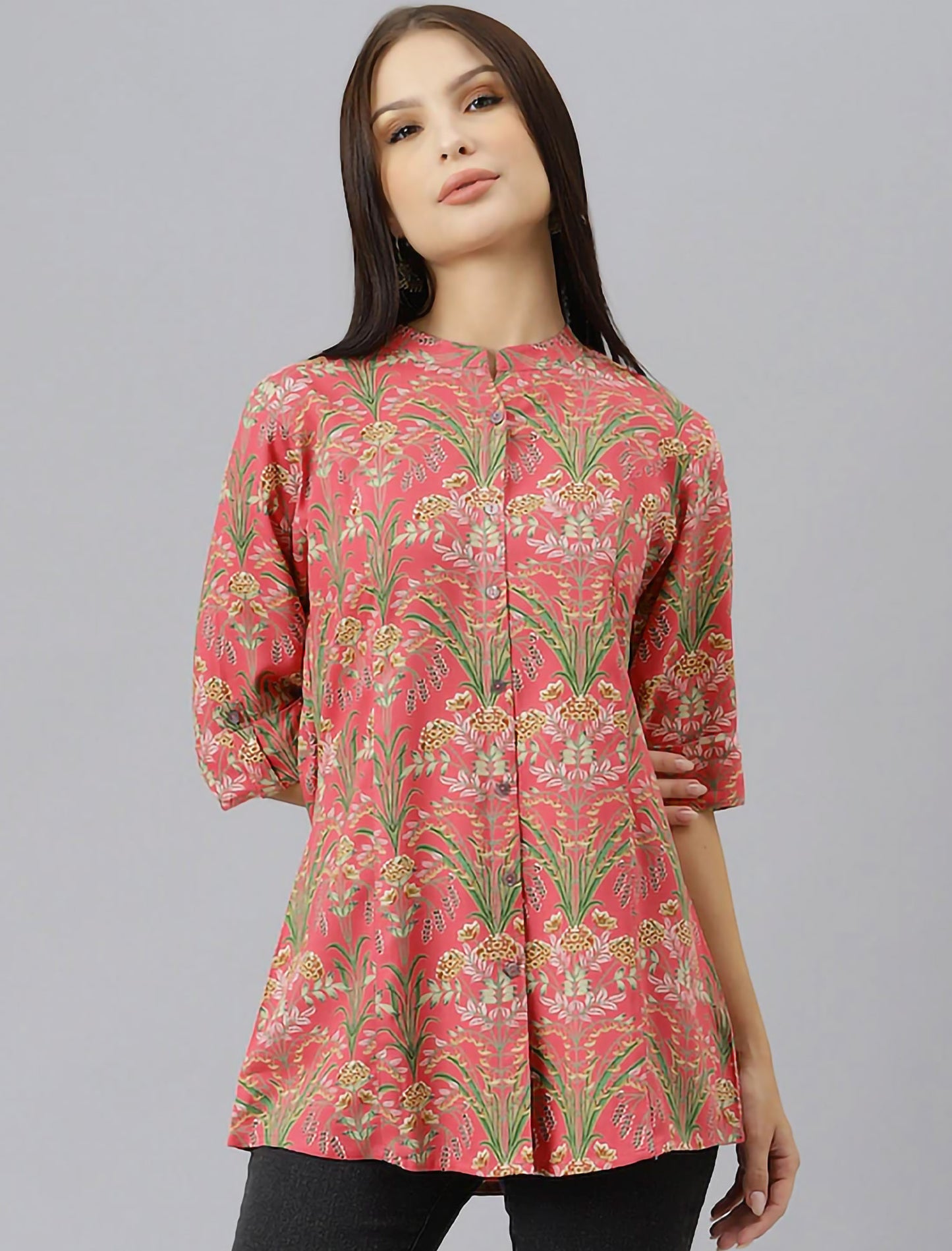 Pink & Green Floral Print Mandarin Collar Roll-Up Sleeves Shirt Style Divena Top For Women