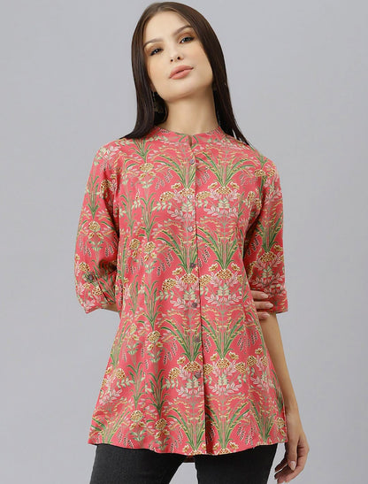 Pink & Green Floral Print Top For Women