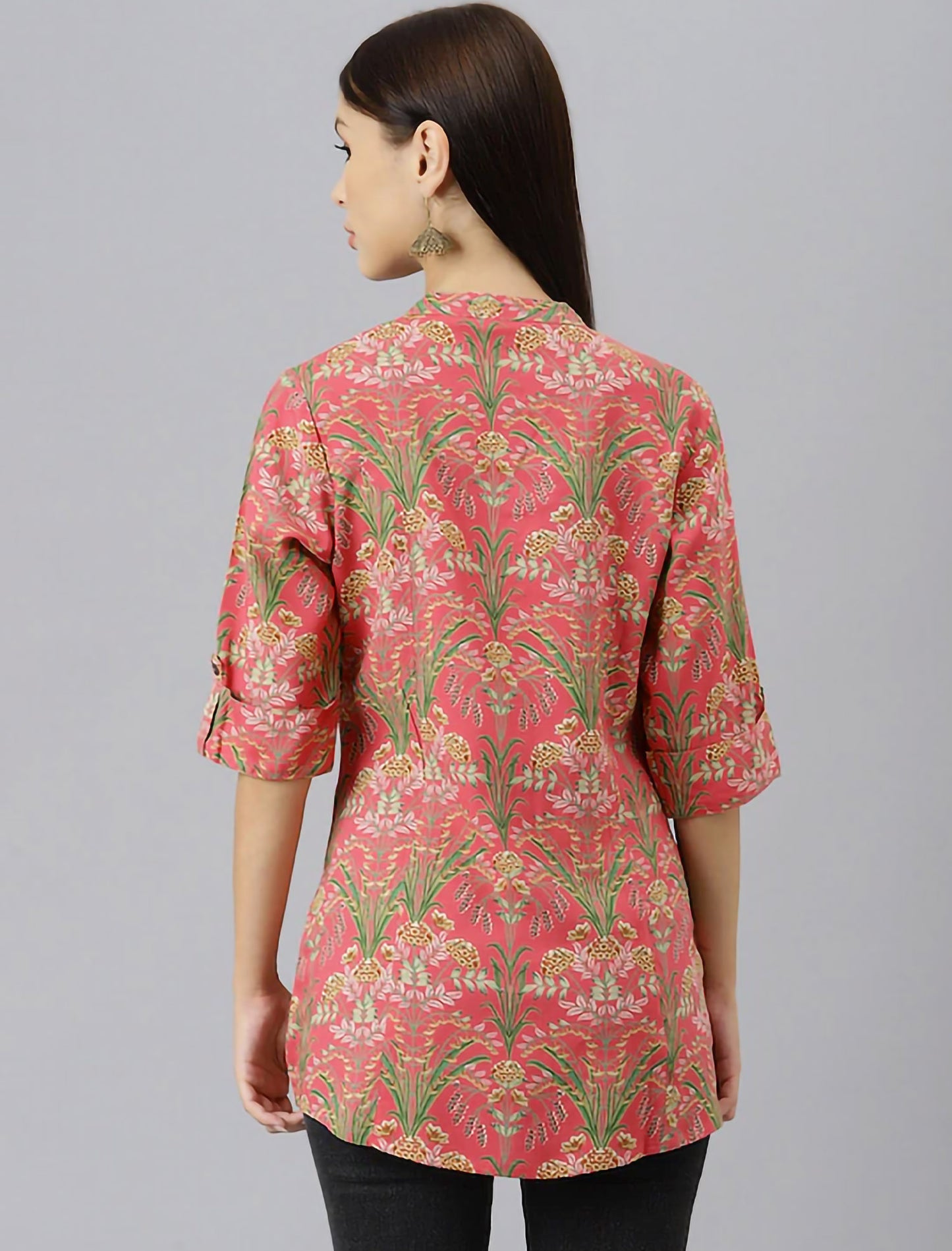 Pink & Green Floral Print Mandarin Collar Roll-Up Sleeves Shirt Style Divena Top For Women