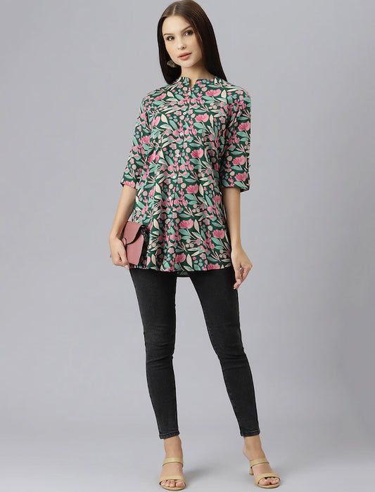 Green & Pink Floral Print Mandarin Collar Roll-Up Sleeves Shirt Style Divena Top For Women