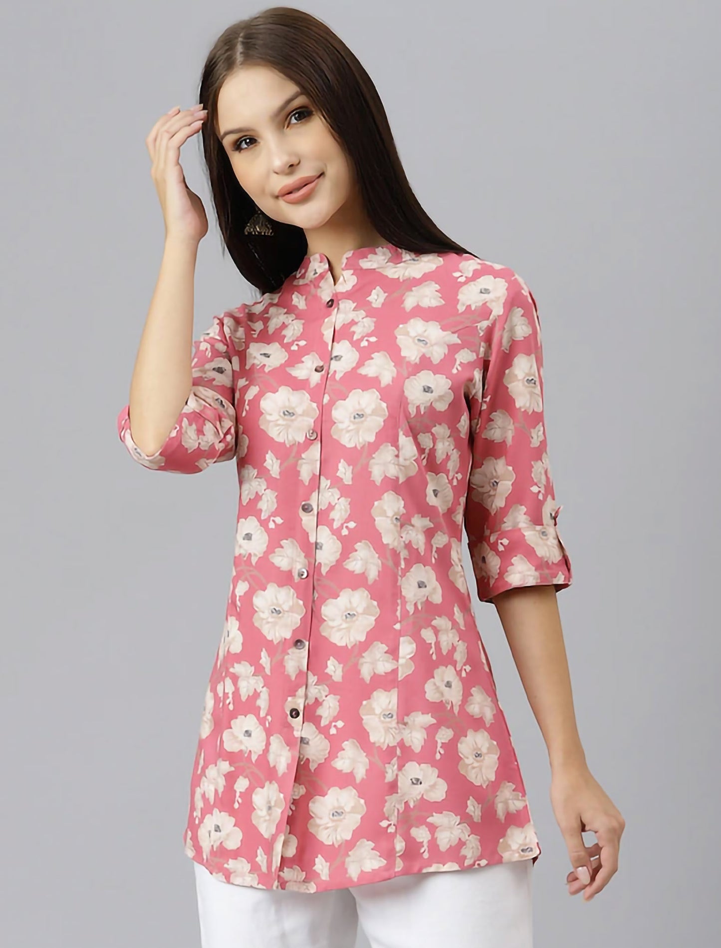 Pink & White Floral Print Mandarin Collar Roll-Up Sleeves Shirt Style Divena Top For Women