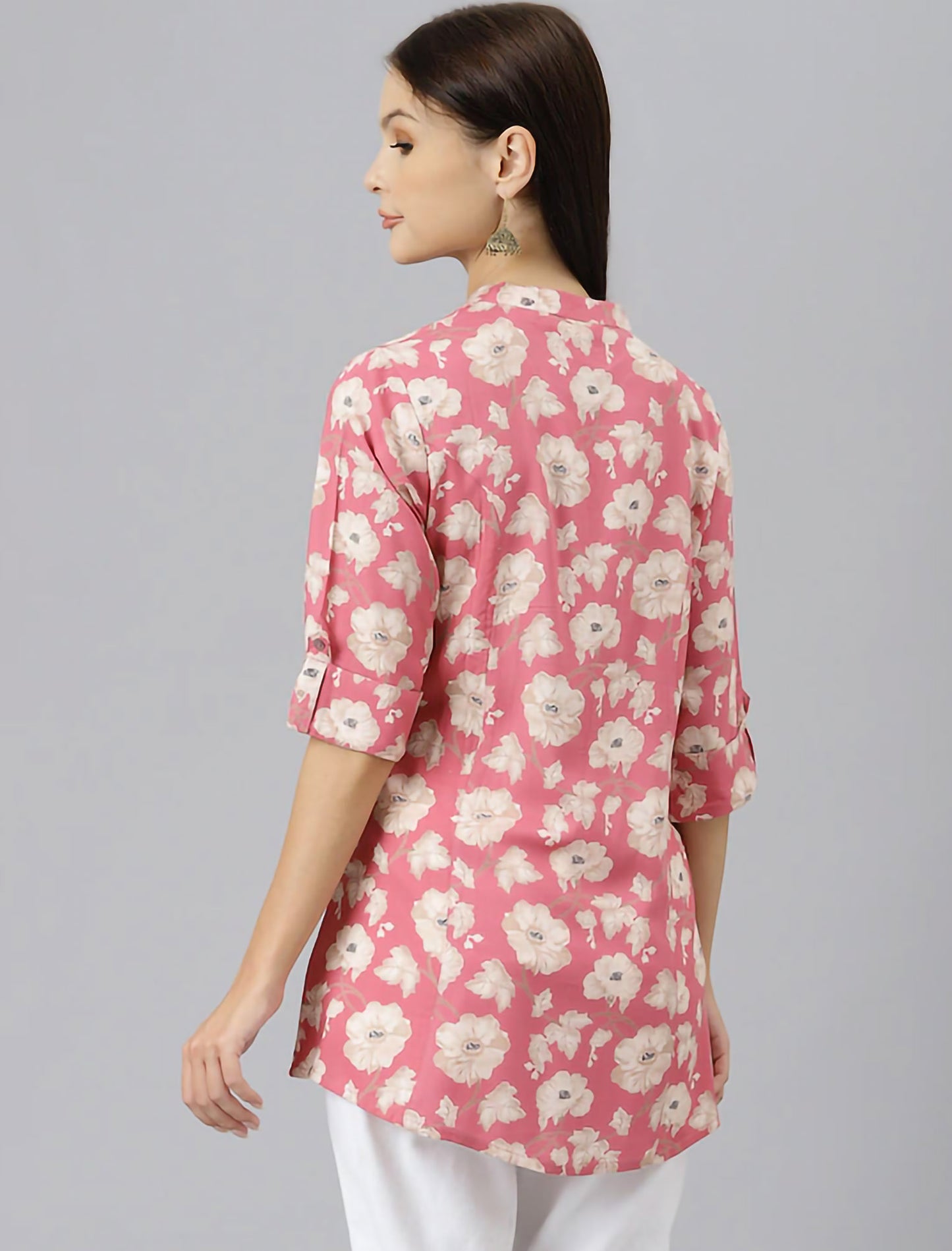 Pink & White Floral Print Mandarin Collar Roll-Up Sleeves Shirt Style Divena Top For Women