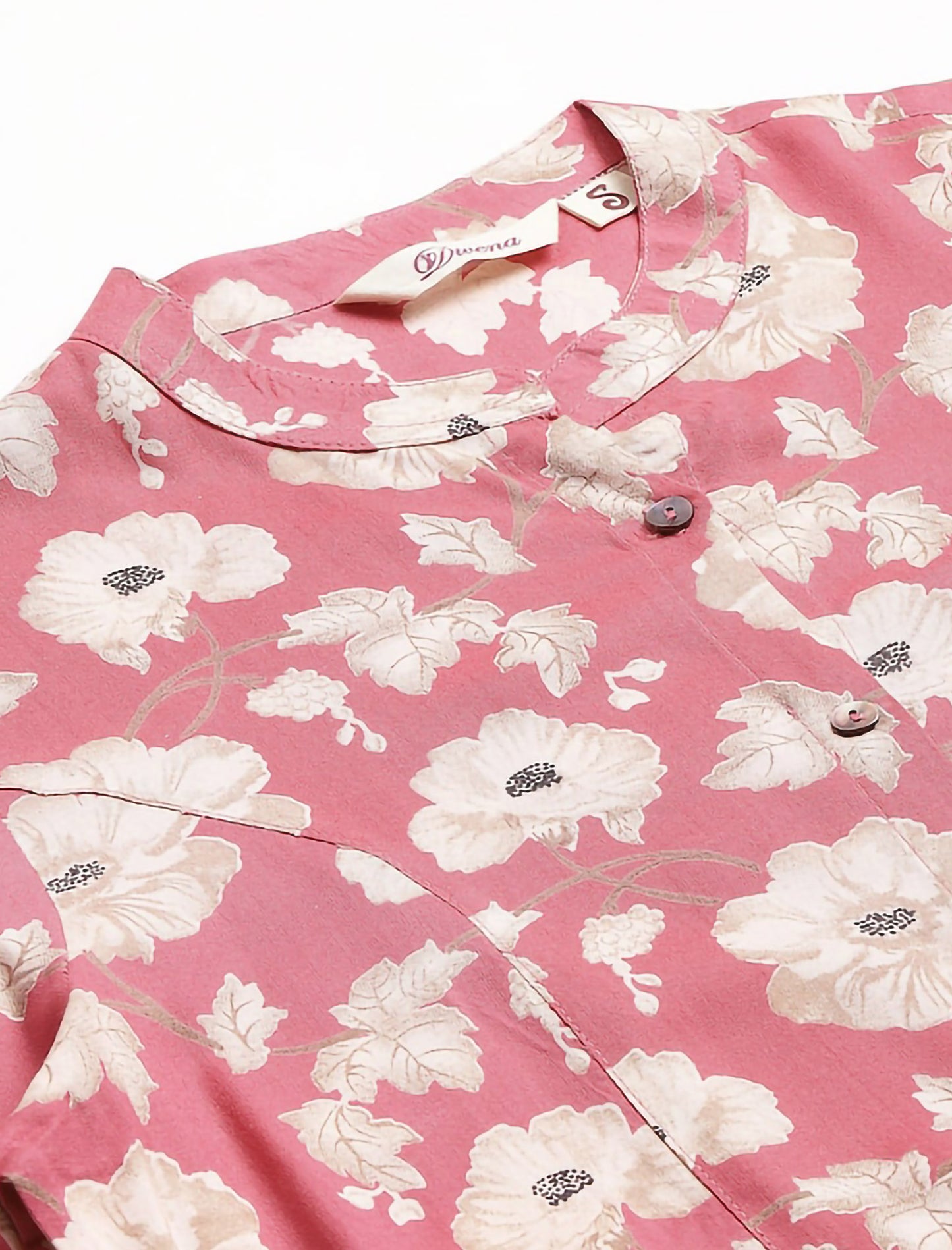 Pink & White Floral Print Mandarin Collar Roll-Up Sleeves Shirt Style Divena Top For Women