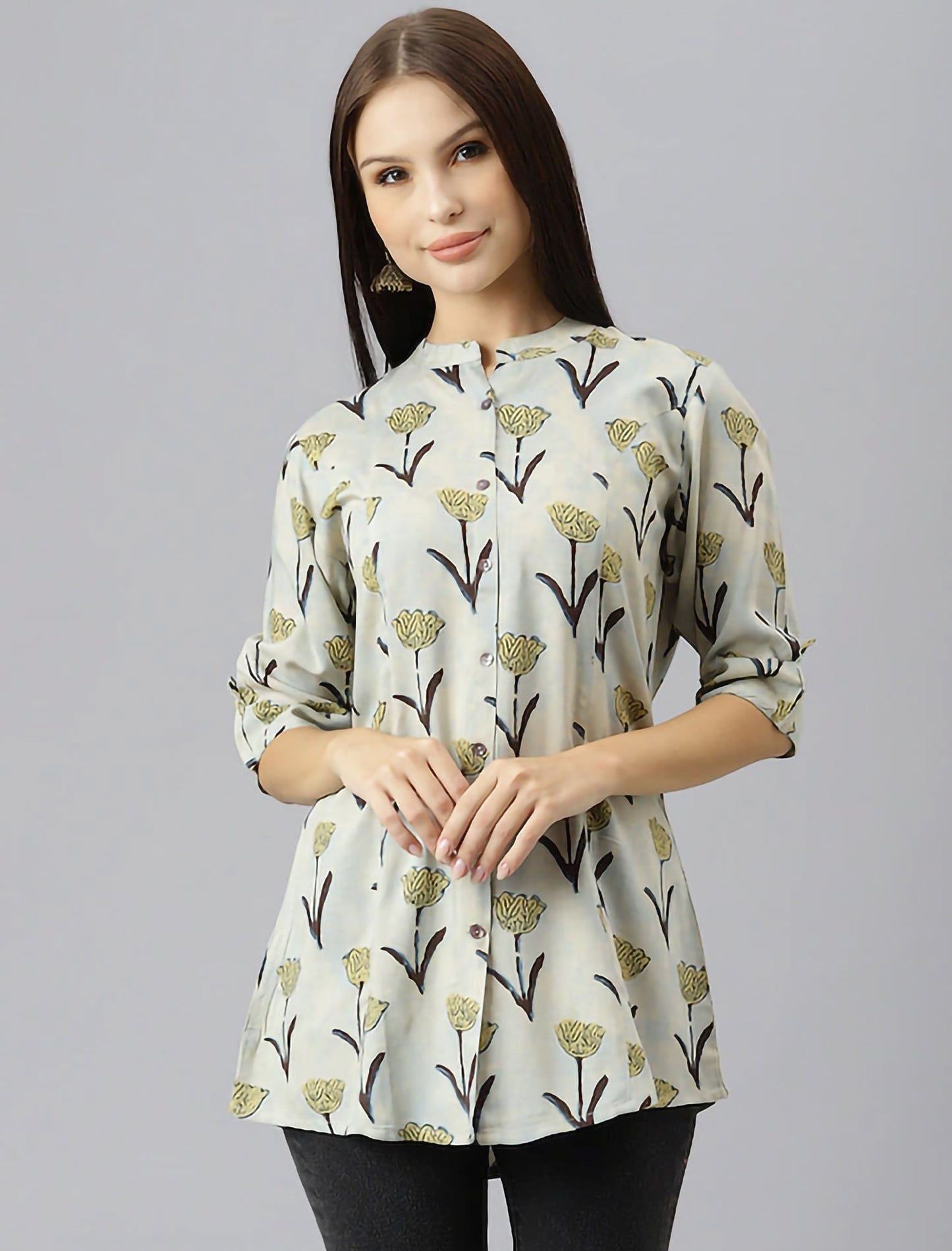 Green Floral Print Mandarin Collar Roll-Up Sleeves Shirt Style Divena Top For Women